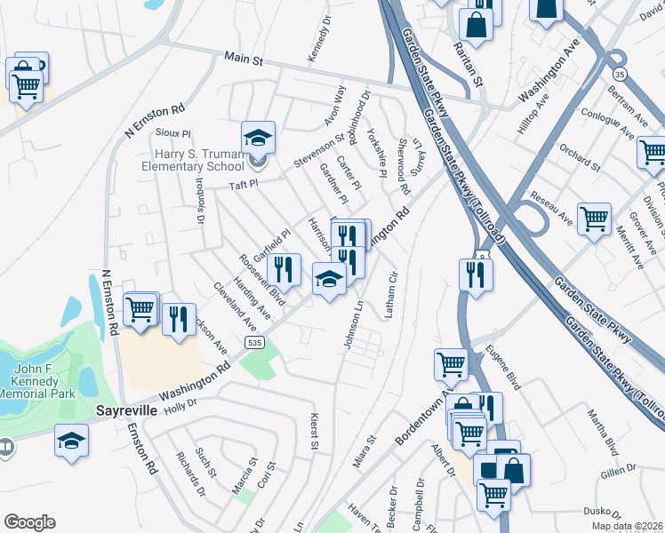map of restaurants, bars, coffee shops, grocery stores, and more near 3267 Washington Road in Sayreville