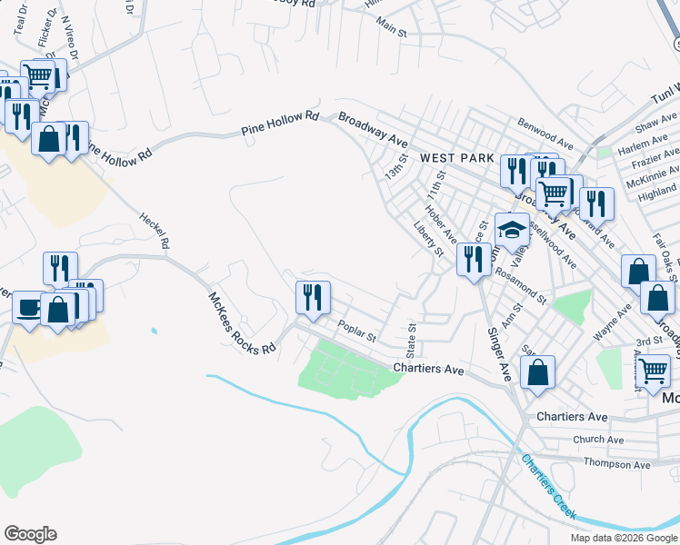 map of restaurants, bars, coffee shops, grocery stores, and more near 249 Hickory Street in McKees Rocks