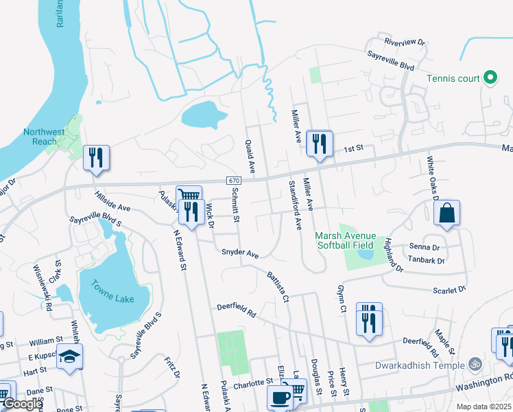 map of restaurants, bars, coffee shops, grocery stores, and more near 4 Virginia Street in Sayreville