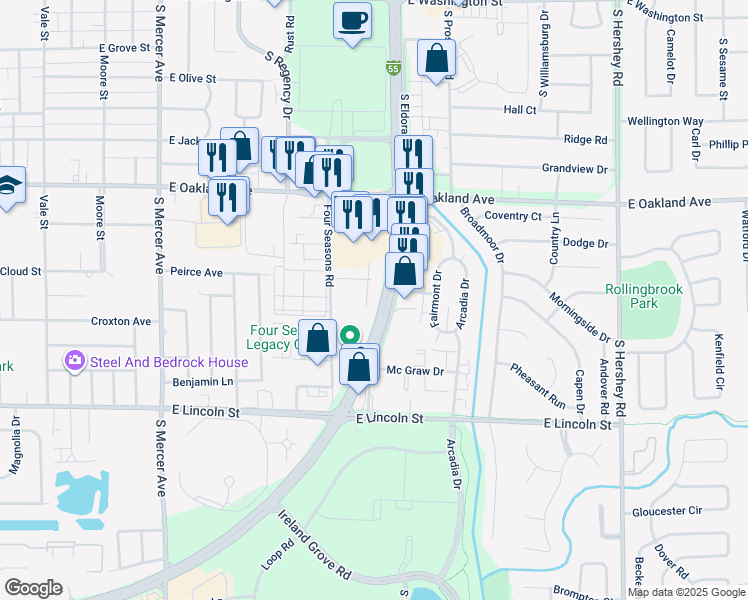 map of restaurants, bars, coffee shops, grocery stores, and more near 7 Clobertin Court in Normal