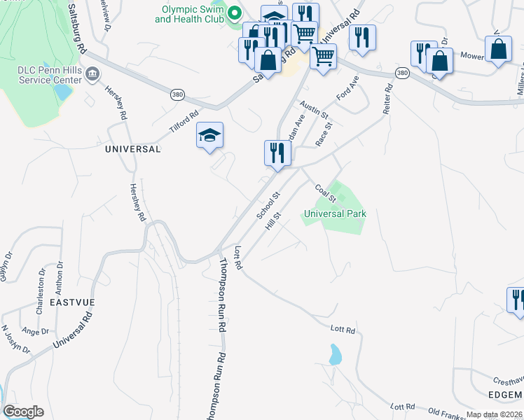 map of restaurants, bars, coffee shops, grocery stores, and more near 2501 School Street in Pittsburgh