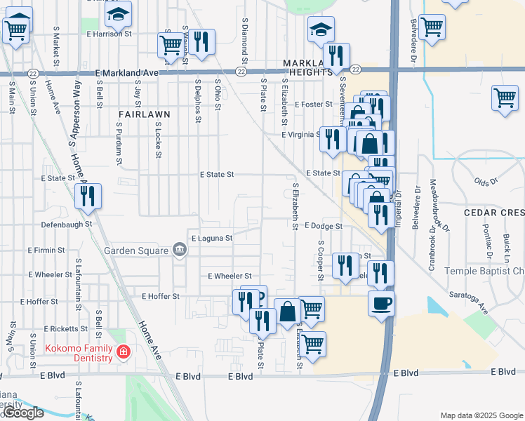 map of restaurants, bars, coffee shops, grocery stores, and more near 1425 South Plate Street in Kokomo