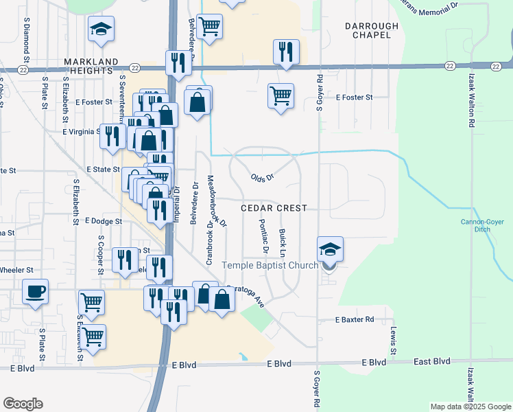 map of restaurants, bars, coffee shops, grocery stores, and more near 1408 Cadillac Dr W in Kokomo