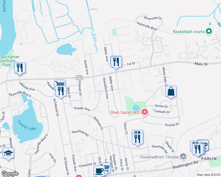 map of restaurants, bars, coffee shops, grocery stores, and more near 123 Miller Avenue in Sayreville