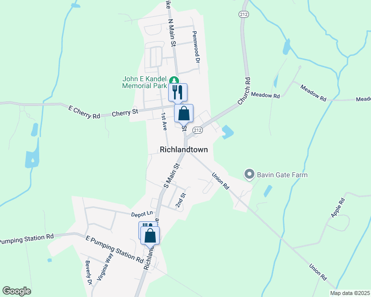 map of restaurants, bars, coffee shops, grocery stores, and more near Pennsylvania 212 in Richlandtown