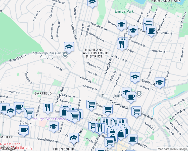 map of restaurants, bars, coffee shops, grocery stores, and more near 5522 Hays Street in Pittsburgh