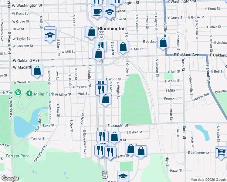 map of restaurants, bars, coffee shops, grocery stores, and more near 910 South East Street in Bloomington