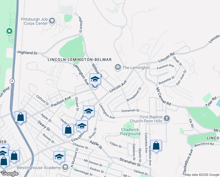 map of restaurants, bars, coffee shops, grocery stores, and more near 7171 Churchland Street in Pittsburgh