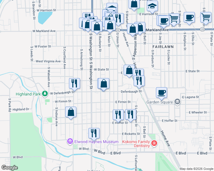 map of restaurants, bars, coffee shops, grocery stores, and more near 1423 South Main Street in Kokomo