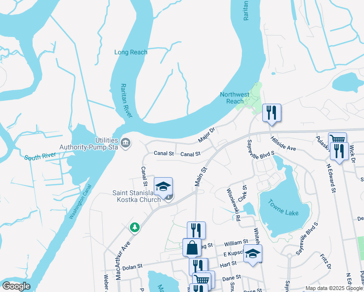 map of restaurants, bars, coffee shops, grocery stores, and more near 57 Major Drive in Sayreville
