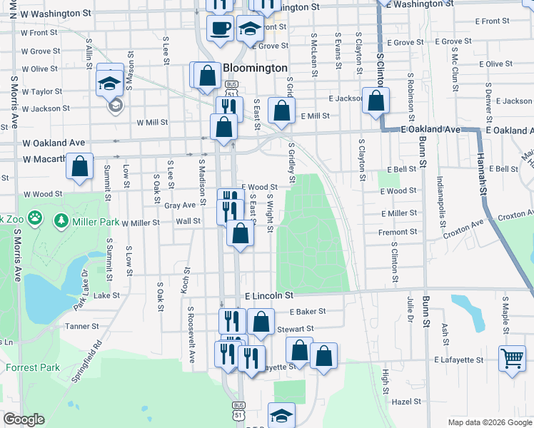 map of restaurants, bars, coffee shops, grocery stores, and more near 905 South Wright Street in Bloomington