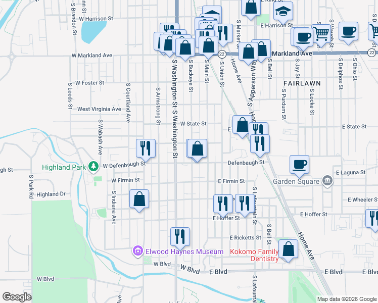 map of restaurants, bars, coffee shops, grocery stores, and more near 1415 South Buckeye Street in Kokomo