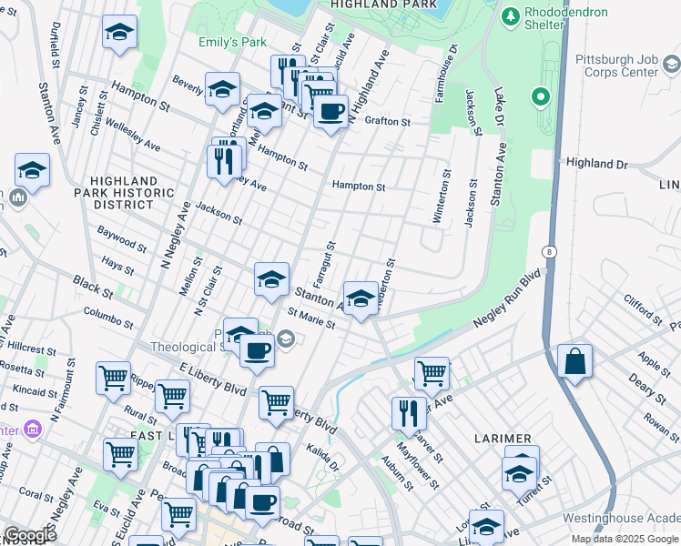map of restaurants, bars, coffee shops, grocery stores, and more near 825 Sheridan Avenue in Pittsburgh