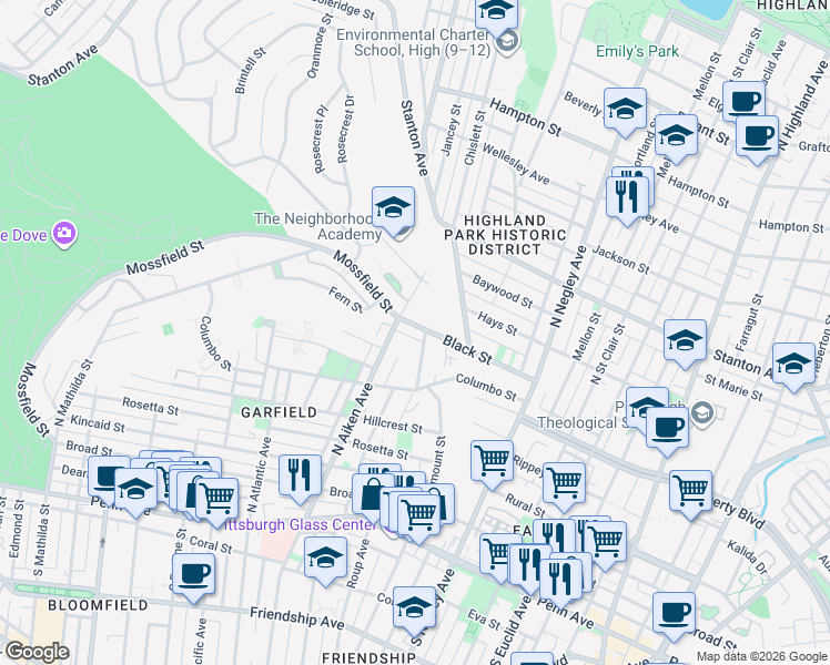map of restaurants, bars, coffee shops, grocery stores, and more near 5420 Black Street in Pittsburgh