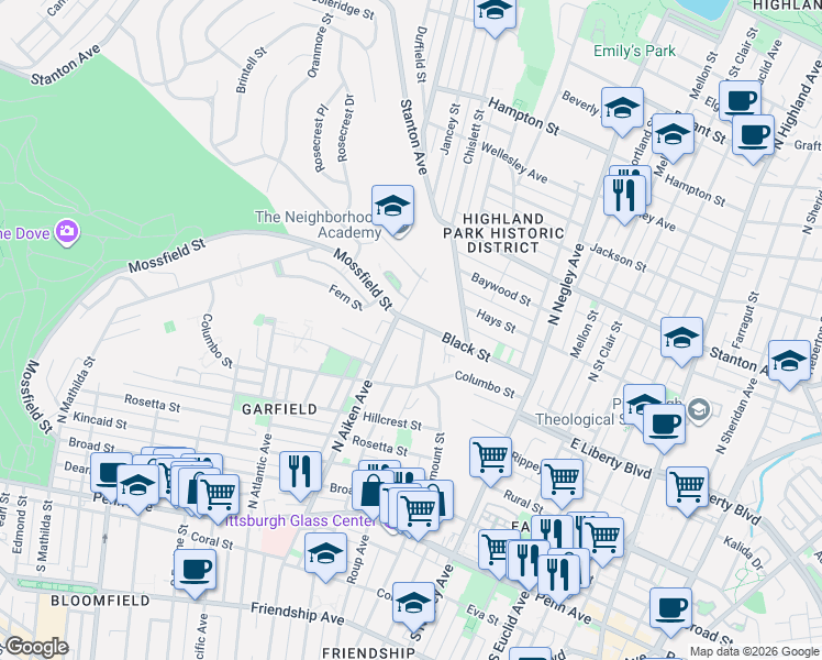 map of restaurants, bars, coffee shops, grocery stores, and more near 5420 Black Street in Pittsburgh