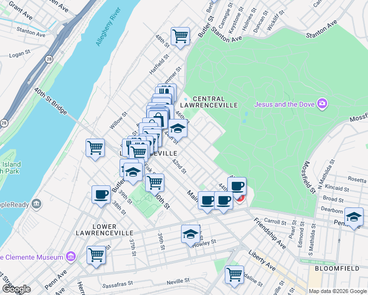 map of restaurants, bars, coffee shops, grocery stores, and more near in Pittsburgh