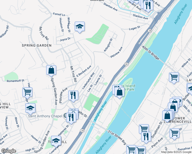 map of restaurants, bars, coffee shops, grocery stores, and more near 2126 Lowrie Street in Pittsburgh