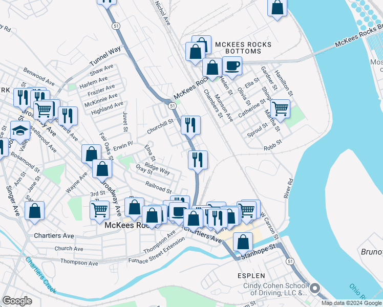 map of restaurants, bars, coffee shops, grocery stores, and more near 431 Alexander Street in McKees Rocks