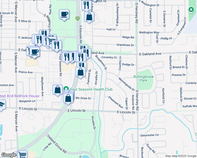 map of restaurants, bars, coffee shops, grocery stores, and more near 713 Arcadia Drive in Bloomington