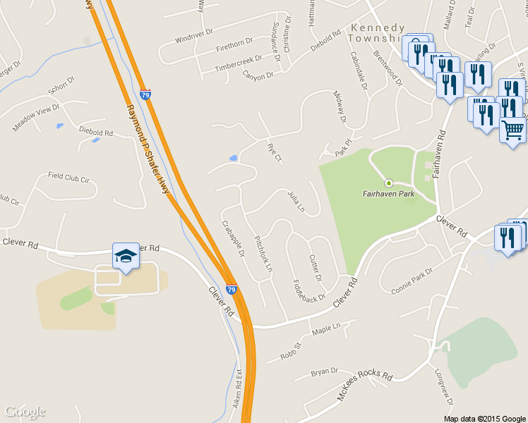 map of restaurants, bars, coffee shops, grocery stores, and more near 5004 Julia Lane in McKees Rocks