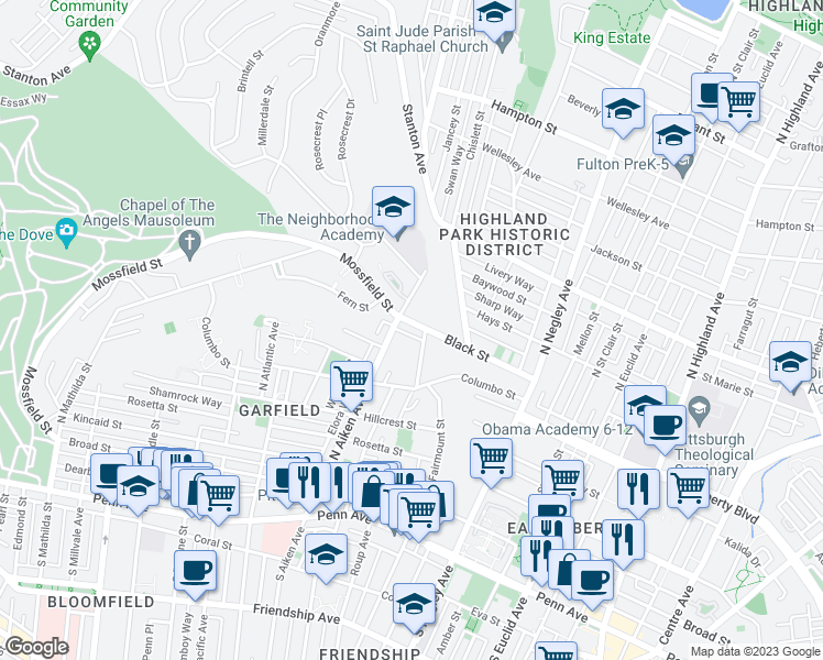 map of restaurants, bars, coffee shops, grocery stores, and more near 5420 Black Street in Pittsburgh