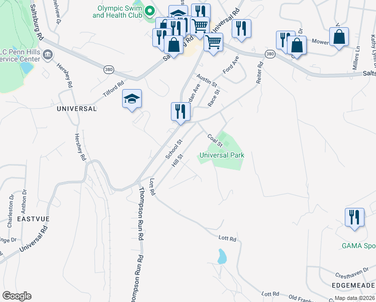 map of restaurants, bars, coffee shops, grocery stores, and more near 2520 Hill Street in Pittsburgh