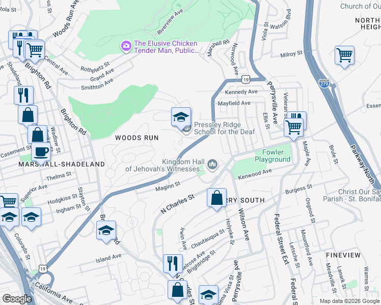 map of restaurants, bars, coffee shops, grocery stores, and more near 549 Marshall Avenue in Pittsburgh