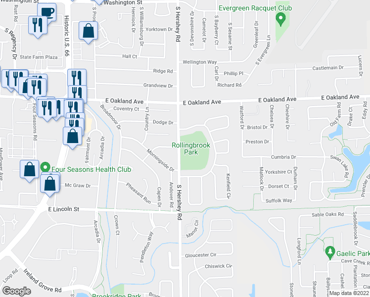 map of restaurants, bars, coffee shops, grocery stores, and more near 1002 South Hershey Road in Bloomington
