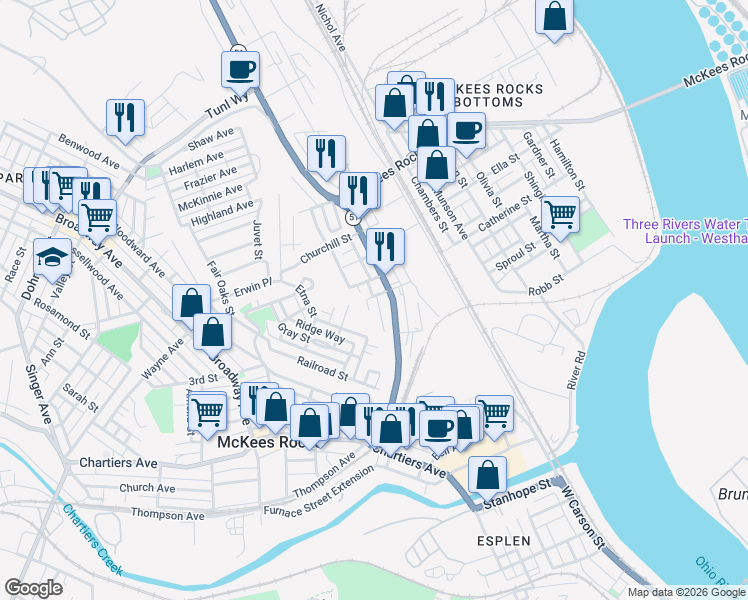 map of restaurants, bars, coffee shops, grocery stores, and more near 431 Alexander Street in McKees Rocks