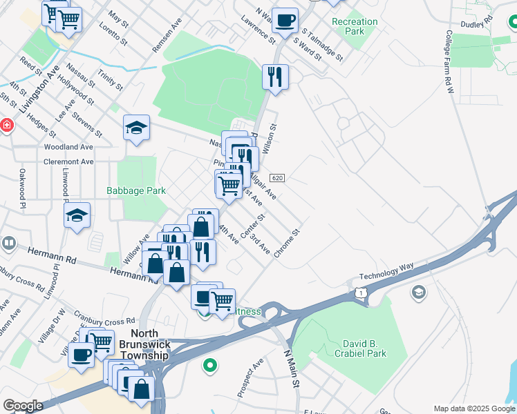 map of restaurants, bars, coffee shops, grocery stores, and more near 544 1st Avenue in North Brunswick Township