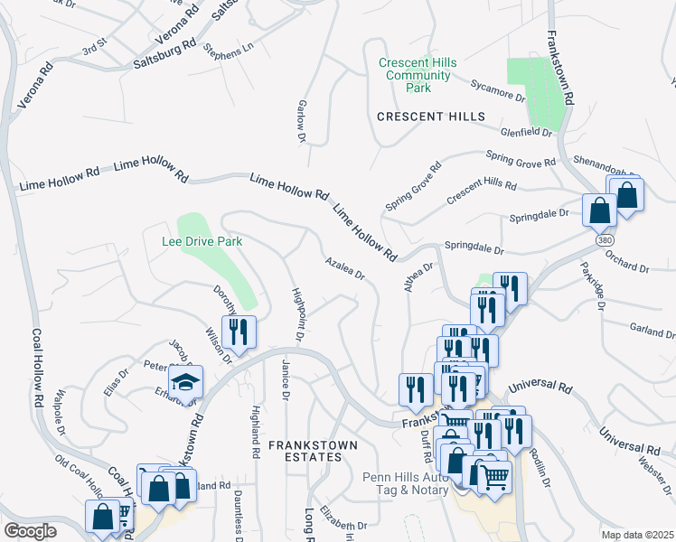 map of restaurants, bars, coffee shops, grocery stores, and more near 11256 Azalea Drive in Pittsburgh