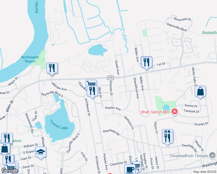map of restaurants, bars, coffee shops, grocery stores, and more near 8 Schmitt Street in Sayreville
