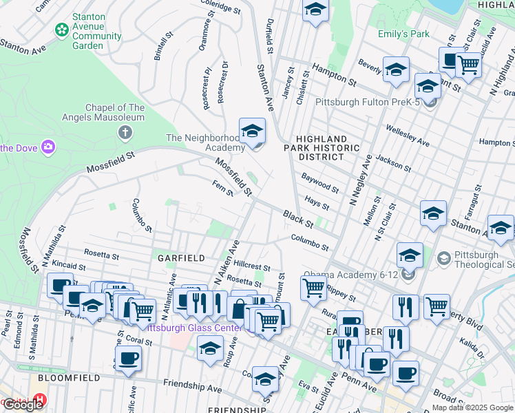 map of restaurants, bars, coffee shops, grocery stores, and more near 5420 Black Street in Pittsburgh