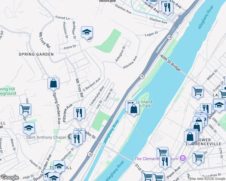 map of restaurants, bars, coffee shops, grocery stores, and more near 2155 Lautner Street in Pittsburgh