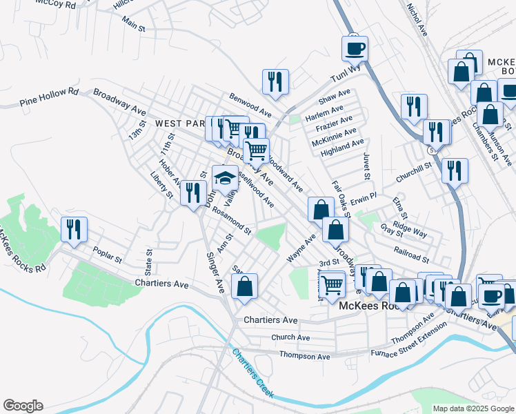 map of restaurants, bars, coffee shops, grocery stores, and more near 515 Marwood Avenue in McKees Rocks
