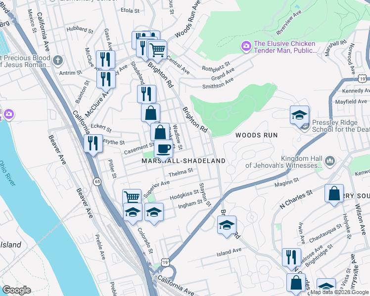 map of restaurants, bars, coffee shops, grocery stores, and more near in Pittsburgh