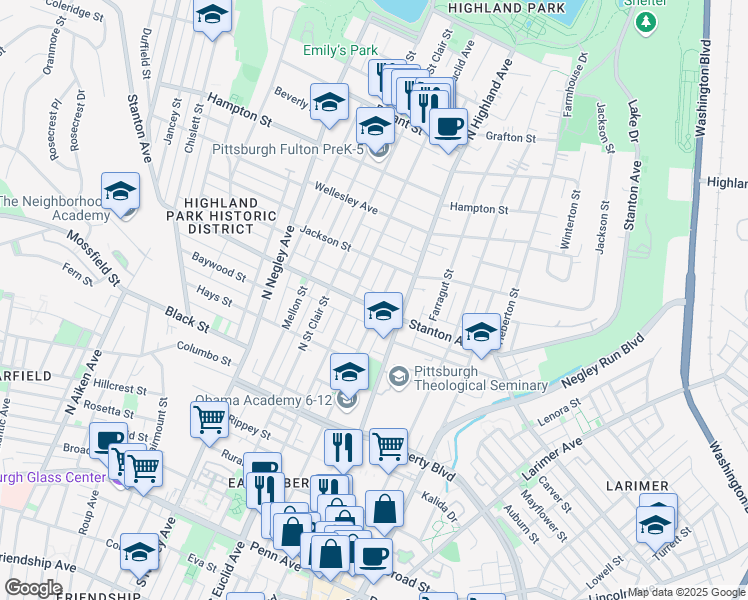 map of restaurants, bars, coffee shops, grocery stores, and more near 5821 Stanton Avenue in Pittsburgh