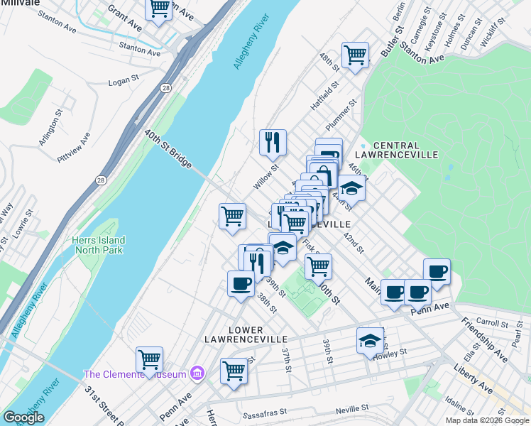 map of restaurants, bars, coffee shops, grocery stores, and more near 4006 Foster Street in Pittsburgh