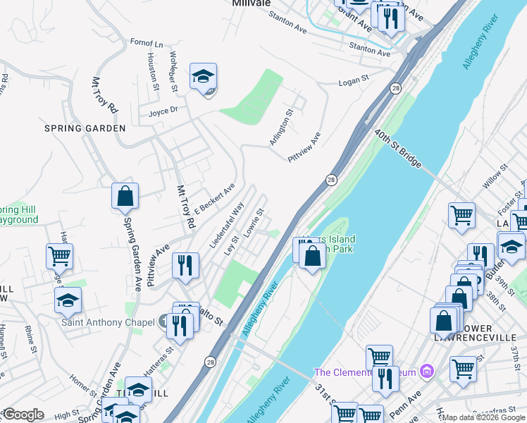 map of restaurants, bars, coffee shops, grocery stores, and more near 2155 Lautner Street in Pittsburgh