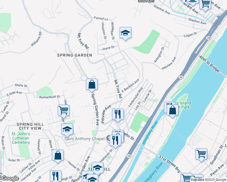 map of restaurants, bars, coffee shops, grocery stores, and more near 1961-1963 West Beckert Avenue in Pittsburgh