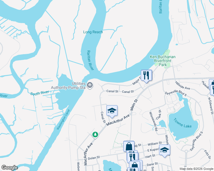 map of restaurants, bars, coffee shops, grocery stores, and more near 59 Canal Street in Sayreville