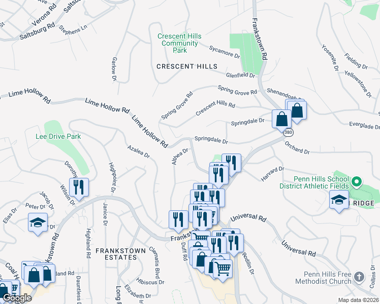 map of restaurants, bars, coffee shops, grocery stores, and more near 11740 Althea Drive in Pittsburgh