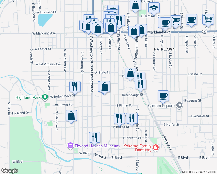 map of restaurants, bars, coffee shops, grocery stores, and more near 1423 South Main Street in Kokomo