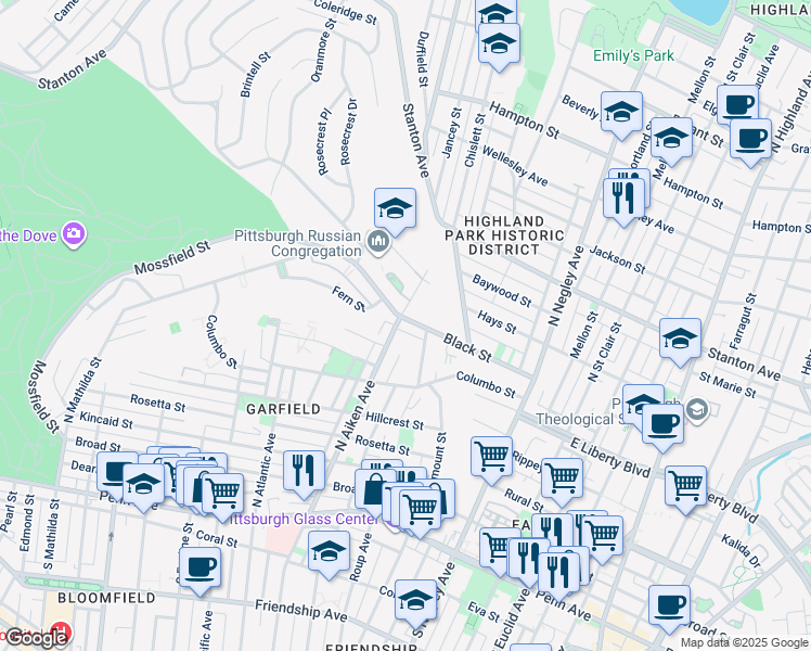map of restaurants, bars, coffee shops, grocery stores, and more near 5420 Black Street in Pittsburgh
