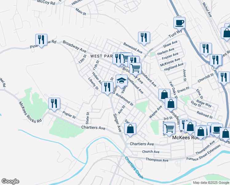 map of restaurants, bars, coffee shops, grocery stores, and more near 1157 Dohrman Street in McKees Rocks