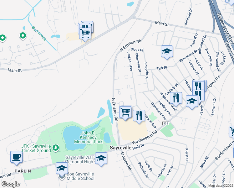 map of restaurants, bars, coffee shops, grocery stores, and more near 15 Gerard Place in Sayreville