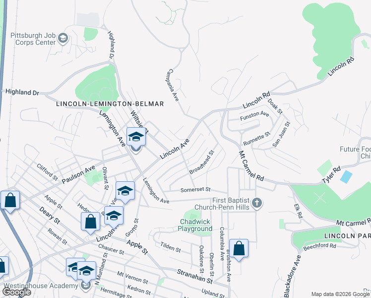 map of restaurants, bars, coffee shops, grocery stores, and more near 1594 Lincoln Avenue in Pittsburgh