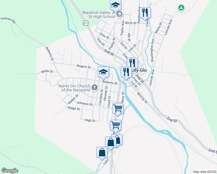 map of restaurants, bars, coffee shops, grocery stores, and more near in Nanty-Glo
