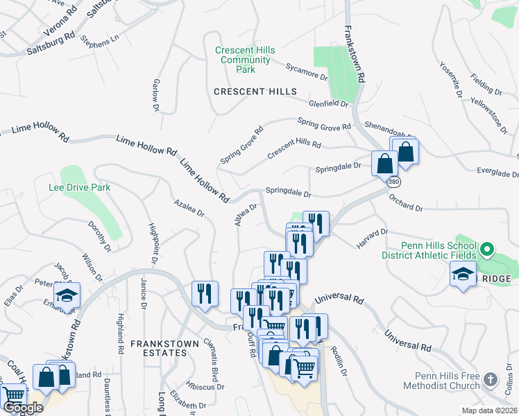 map of restaurants, bars, coffee shops, grocery stores, and more near 11740 Althea Drive in Pittsburgh
