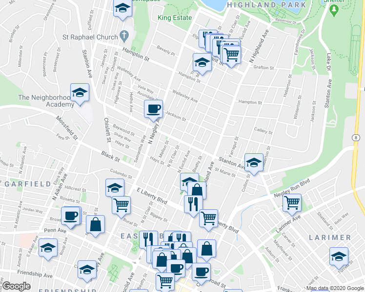 map of restaurants, bars, coffee shops, grocery stores, and more near 739 North Saint Clair Street in Pittsburgh